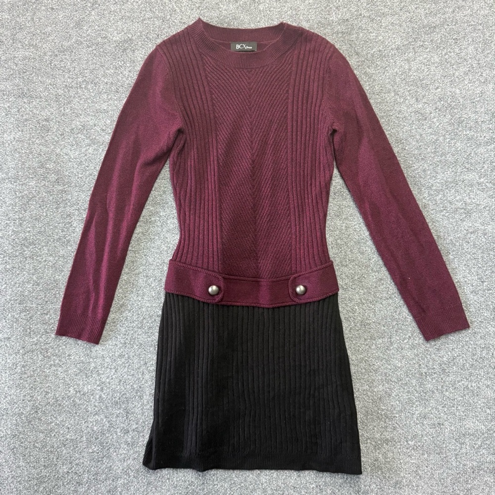 BCX Women’s Sweater Dress Burgundy Black Long Sleeve Knit Ribbed Bodycon Size M